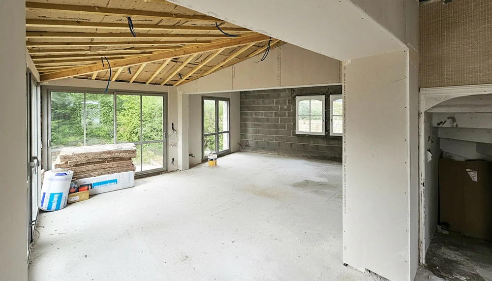 Chantier intérieur en cours, grande pièce vide avec sol béton brut