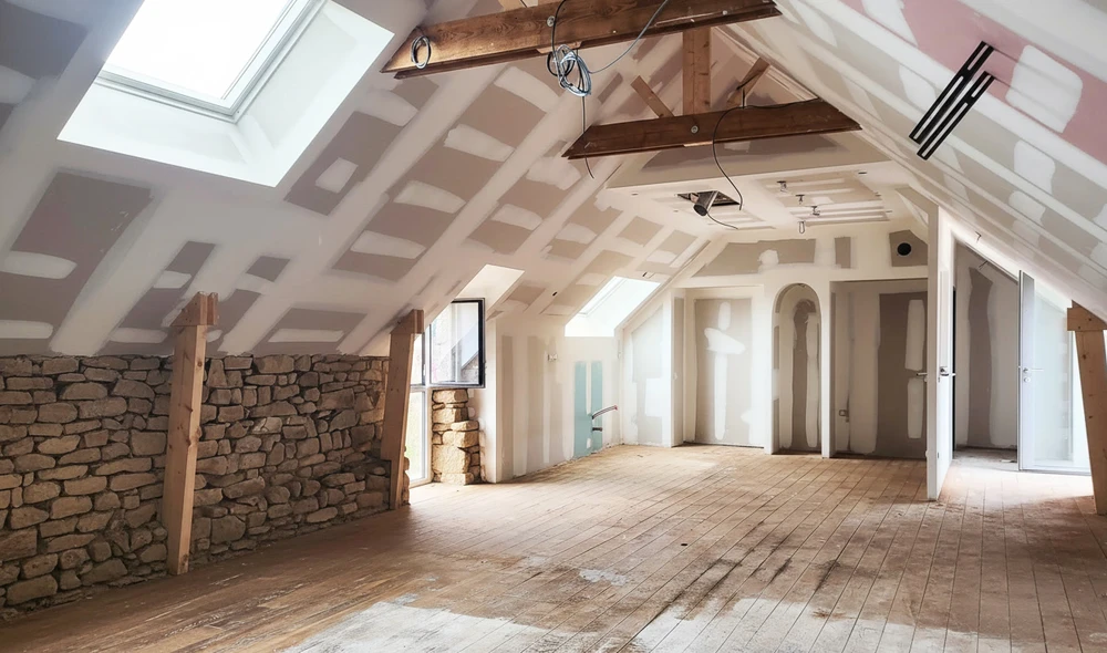 Grenier en cours de rénovation, vaste espace sous combles avec parquet bois brut, mur en pierre apparente, charpente en bois exposée