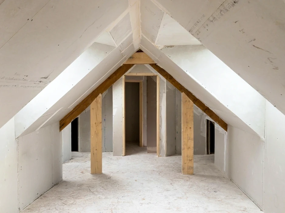 Chantier intérieur en cours, grande pièce vide avec sol béton brut