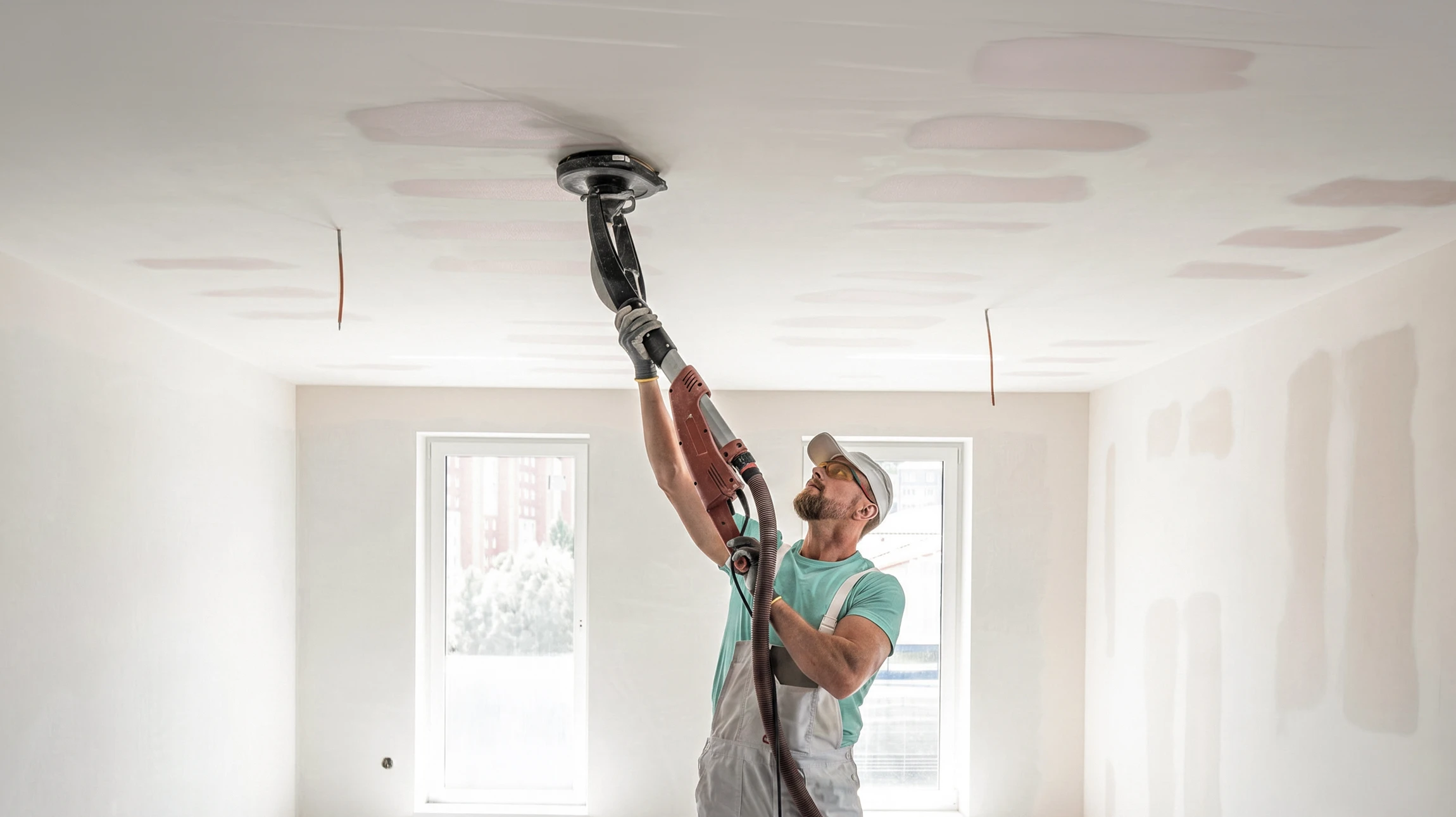 Deux ouvriers en salopettes bleues installent un plafond suspendu dans un local en construction