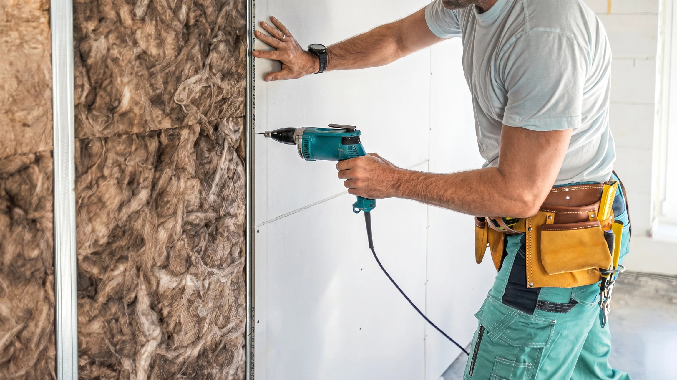 Ouvrier en bâtiment installant des cloisons sèches dans un intérieur en rénovation